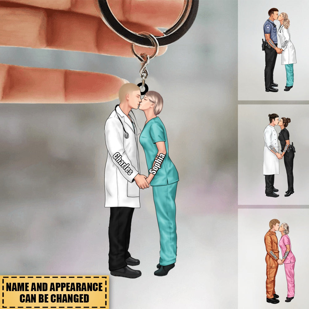 Personalized Christmas Gifts Custom Keychain For Couple Portrait, Firefighter, EMS, Nurse, Police Officer, Military