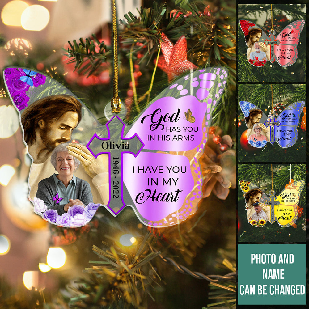 God Has You In His Arms Custom Photo - Personalized Acrylic Ornament - Memorial Christmas Gift