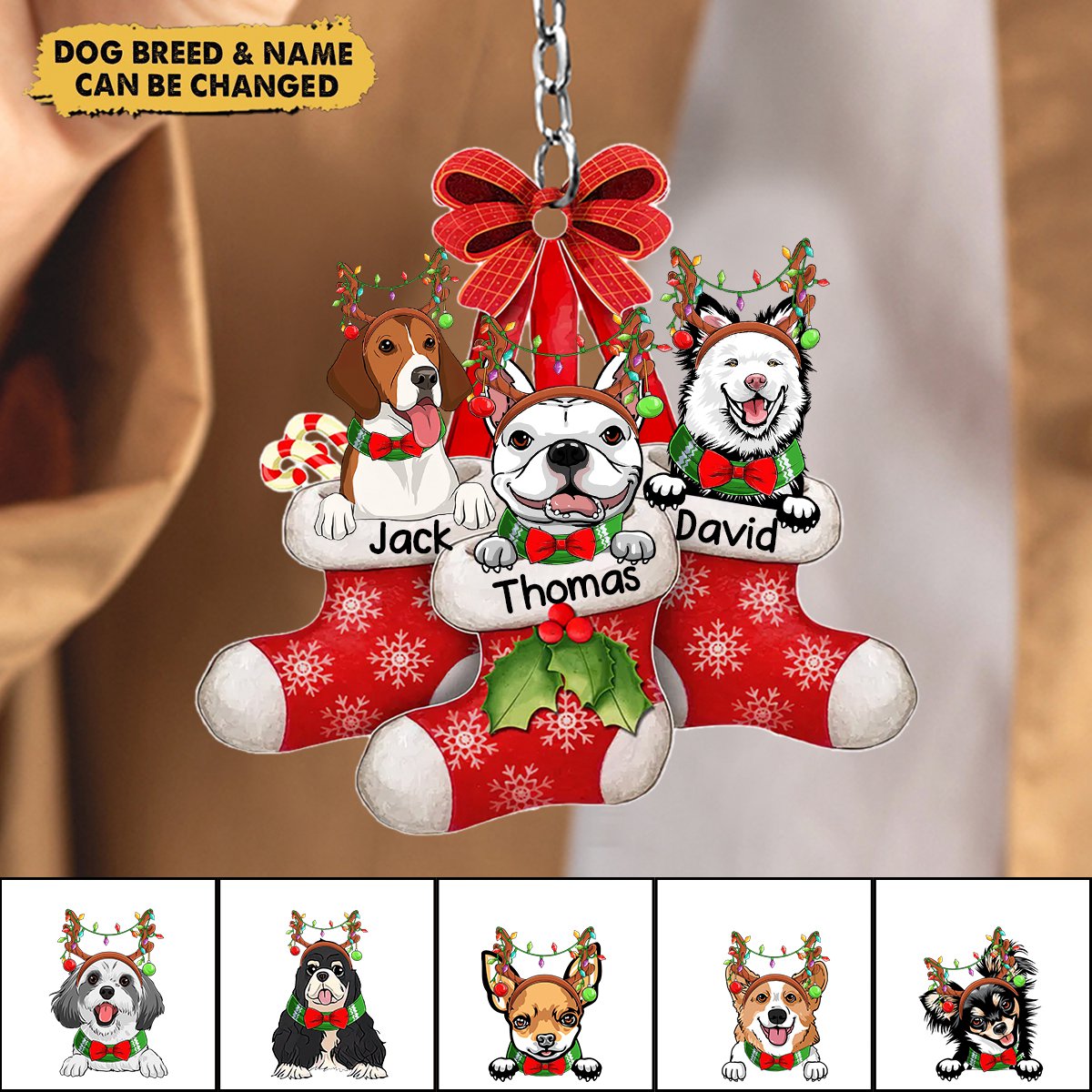 Peeking Dog On Christmas Stocking Personalized Keychain
