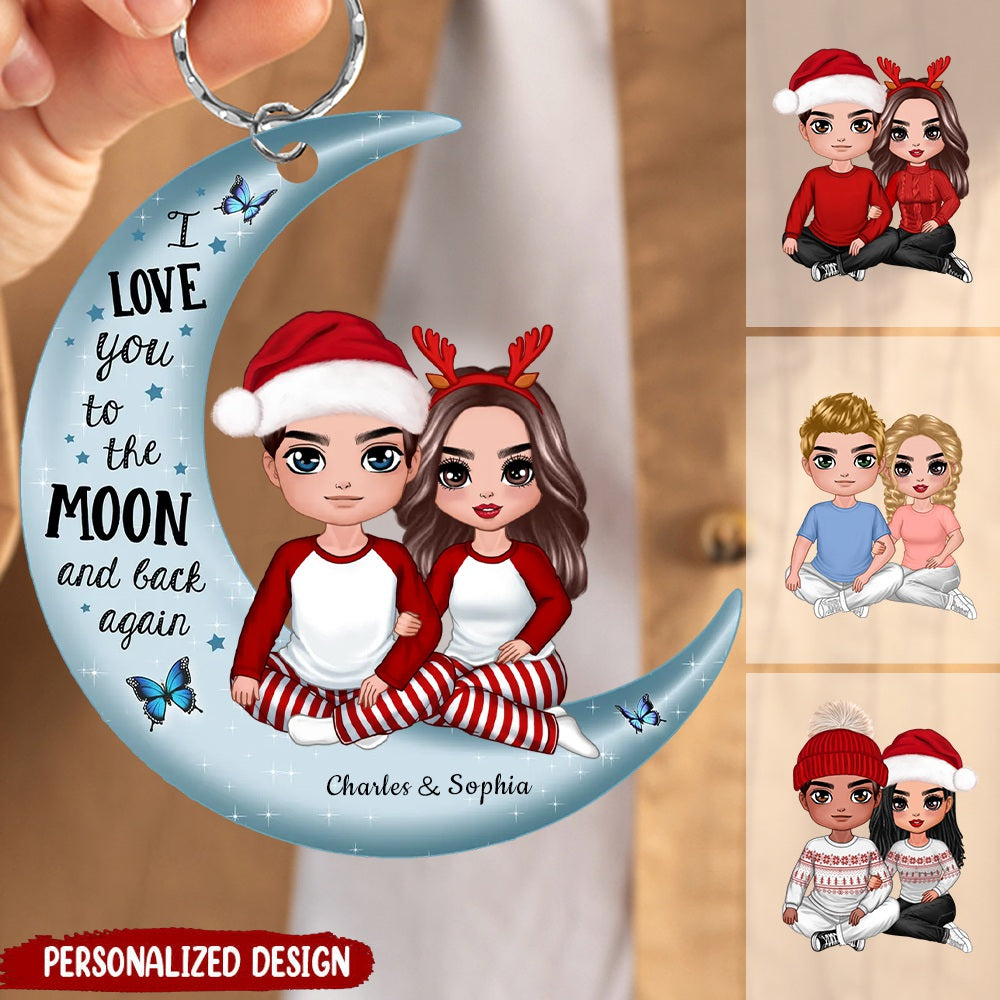 Christmas Doll Couple Sitting Hugging On Moon Personalized Keychain